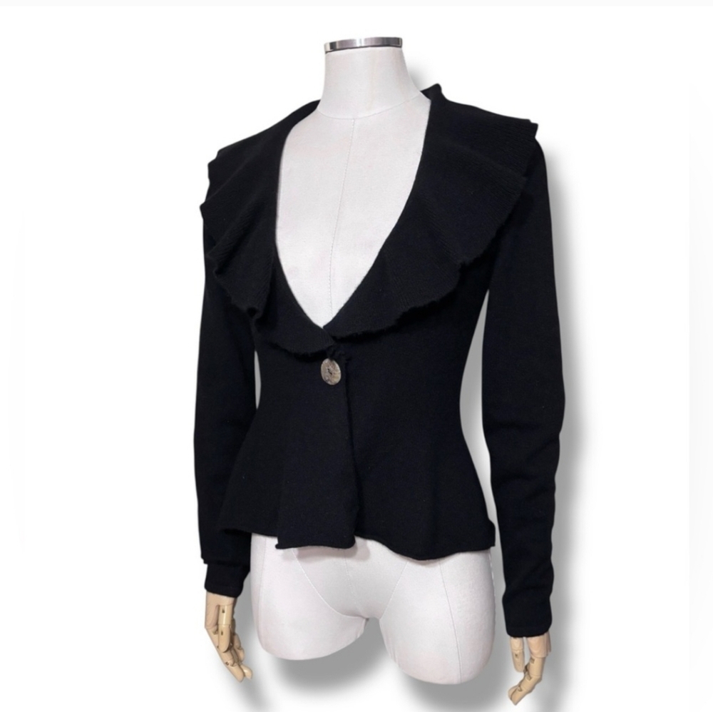 LH SPORT Black Cashmere Ruffle Collar Single Button Cardigan Peplum Hem VINTAGE
